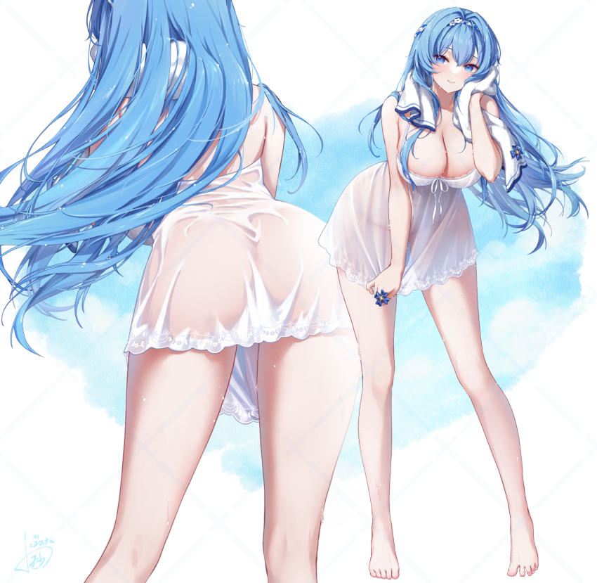 1girl aeon_ion ass barefoot blue_eyes blue_hair breasts cleavage commentary_request dress feet from_behind goddess_of_victory:_nikke hairband helm_(nikke) helm_(post-shower_moment)_(nikke) highres large_breasts leaning_forward long_hair multiple_views nightgown official_alternate_costume see-through_nightgown smile toes towel towel_around_neck very_long_hair wet wet_clothes wet_dress white_hairband white_nightgown