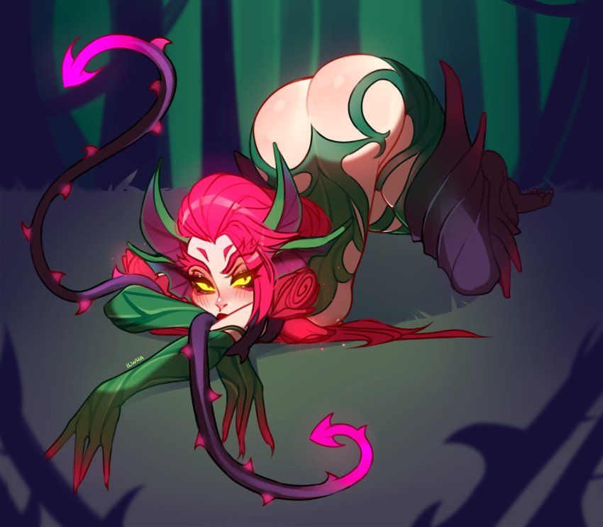 1girl artist_name blush breasts colored_skin forest green_skin highres ilwha large_breasts league_of_legends long_hair looking_at_viewer nature nipples outdoors red_hair shiny_skin solo top-down_bottom-up tree yellow_eyes zyra
