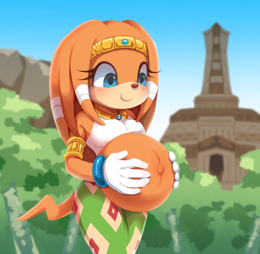 1girl blue_eyes blue_sky blush bracelet cliff commission commissioner_upload eyelashes forest gloves gold_bracelet gold_headband gold_necklace green_skirt highres incan incan_mythology jewelry jungle kaijinx mayan midriff nature necklace orange_hair outdoors pregnant skirt sky smile solo sonic_(series) sonic_adventure temple tikal_the_echidna tribal tribal_clothes white_gloves