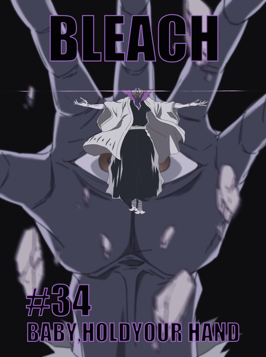 1boy 1other 7l6cup9yzr1xu7d battle black_background black_hakama black_kimono bleach bleach:_sennen_kessen-hen blue_hair blurry blurry_background colored_skin commentary_request copyright_name crazy_smile english_text extra_eyes full_body glint hakama haori highres japanese_clothes kimono kurotsuchi_mayuri long_sleeves makeup male_focus midair official_style open_mouth outstretched_arms pernida_parnkgjas rubble short_hair simple_background smile standing taichou_haori teeth upper_teeth_only white_skin wide_sleeves