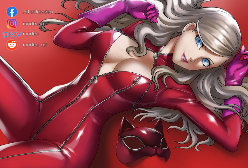 1girl artist_name blonde_hair blue_eyes bodysuit breasts cat_mask cleavage commission earrings facebook_logo facebook_username gloves hair_down highres instagram_logo instagram_username jewelry long_hair looking_at_viewer lying mask medium_breasts on_back parted_lips persona persona_5 pixiv_id pixiv_username purple_gloves red_background red_bodysuit red_lips reddit_logo reddit_username rondeu shiny_clothes simple_background skin_tight smile solo stud_earrings takamaki_anne unworn_mask wavy_hair zipper zipper_bodysuit zipper_pull_tab