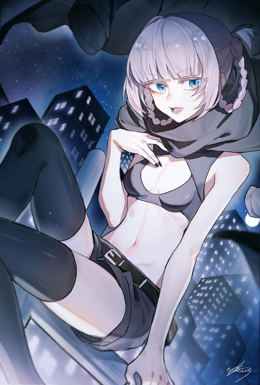 1girl absurdres bare_arms bare_shoulders black_cape black_shorts black_tank_top black_thighhighs blue_eyes blunt_bangs braid braided_hair_rings breasts building cape city city_lights commentary_request crop_top dated eyeliner fang fangs feet_out_of_frame floating_cape hair_rings hand_on_own_chest highres linea_alba looking_at_viewer makeup nanakusa_nazuna_(yofukashi_no_uta) navel night night_sky on_railing open_mouth outdoors pink_hair railing red_eyeliner short_hair shorts signature sitting skin_fang sky small_breasts smile solo star_(sky) stomach tank_top thighhighs yisjhui yofukashi_no_uta