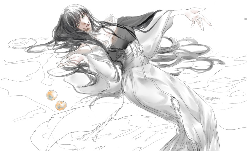 1girl bare_shoulders black_collar black_hair black_kimono chinese_commentary collar commentary_request feet_out_of_frame final_fantasy final_fantasy_xiv food from_above fruit green_eyes hair_spread_out highres hyur inrou japanese_clothes kimono long_hair looking_at_viewer lying mole mole_under_mouth obi obijime on_back outstretched_arm parted_lips partially_colored persimmon sash simple_background sketch smile solo white_background white_kimono wide_sleeves wulin_llsn yotsuyu_goe_brutus