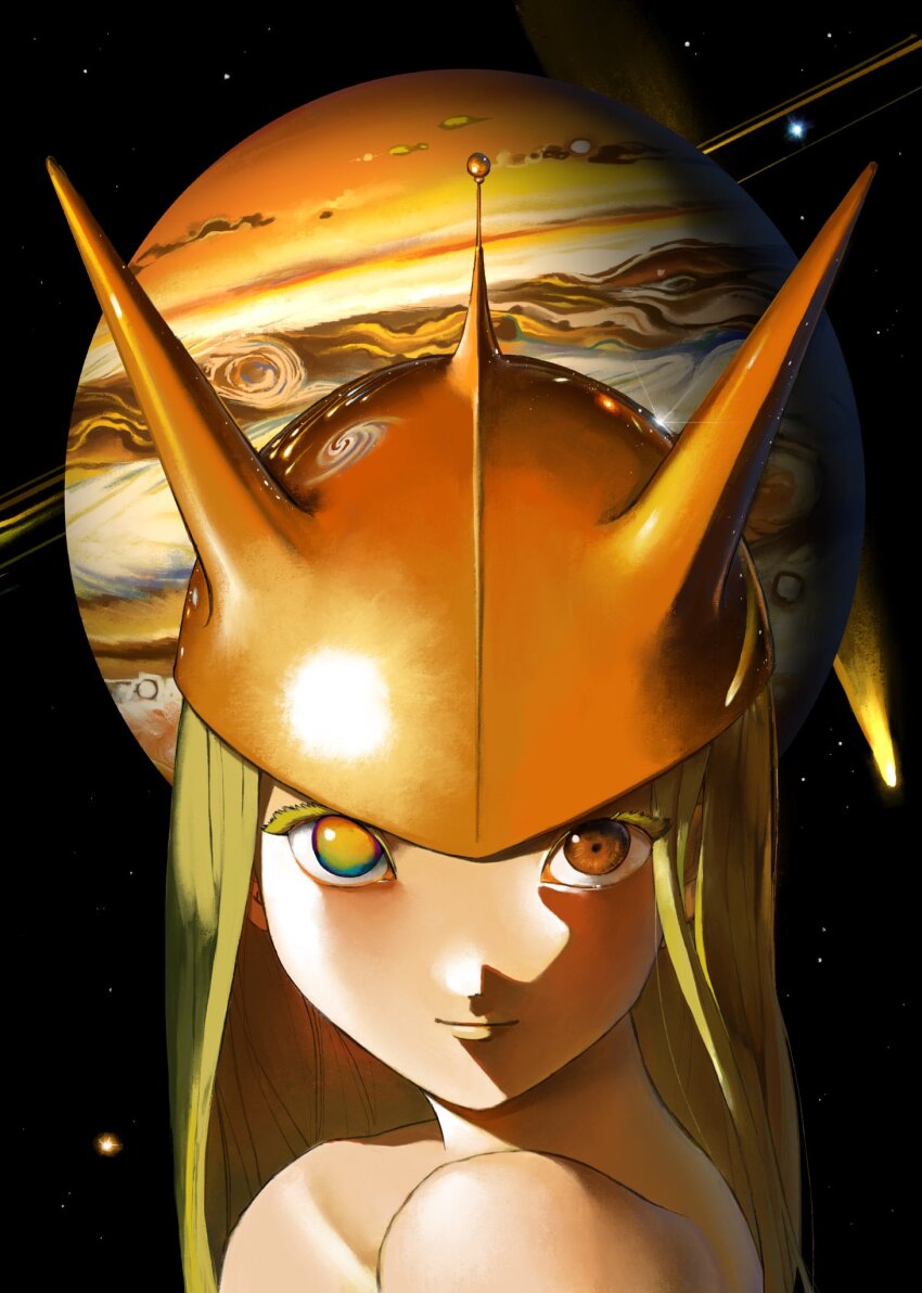 1girl bare_shoulders blonde_hair brown_eyes closed_mouth colored_eyelashes fake_horns helmet heterochromia highres horned_helmet horns jupiter_(planet) long_hair looking_at_viewer lucarios orange_helmet original smile solo space star_(sky)