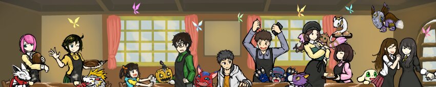 absurdres axe bakumon bearmon bug butterfly digimon digimon_rearise dorumon elecmon female_protagonist_(digimon_rearise) flying hackmon_(digimon) herissmon highres hiiragi_takumi insect kohinata_mayu kudamon_(digimon_savers) looking_at_viewer lopmon mon_(digimon_rearise) natsuyagi_kazuma pink_hair plotmon pumpkin pumpmon shinjo_michi shinkai_sara tamada_keito tamada_nozomi tsukimori_chihiro wings