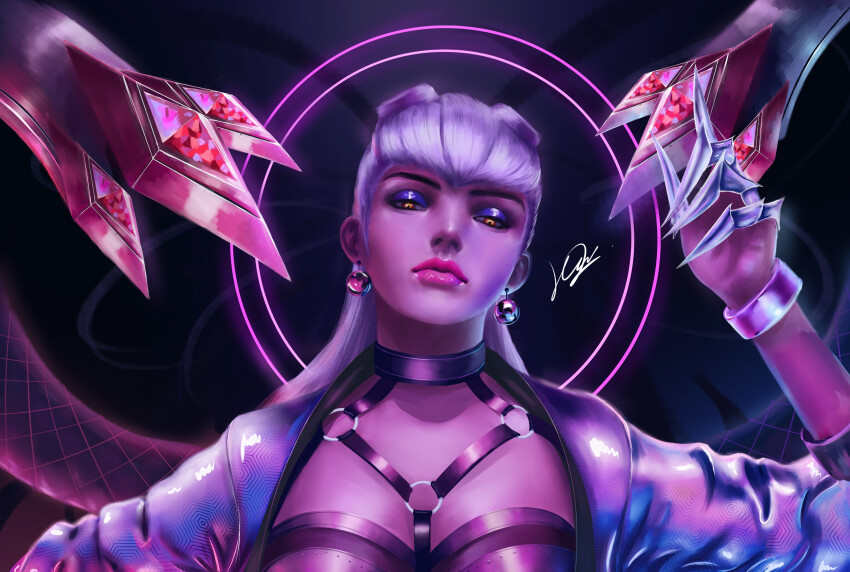 1girl absurdres breasts cropped_jacket demon_girl evelynn_(league_of_legends) highres hskevend jacket k/da_(league_of_legends) k/da_all_out_evelynn league_of_legends long_hair looking_at_viewer medium_breasts open_clothes open_jacket parted_lips purple_theme solo white_hair yellow_eyes