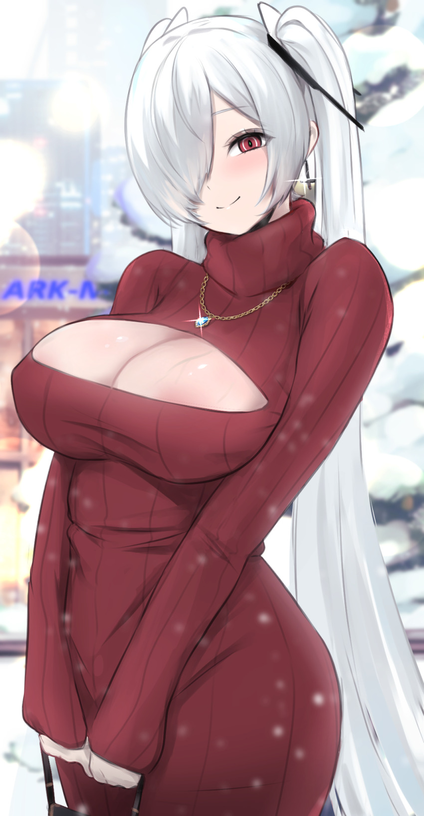 1girl absurdly_long_hair alternate_costume bag blurry blurry_background blush breasts cinderella_(nikke) cleavage cleavage_cutout closed_mouth clothing_cutout depth_of_field dialogue_box dress goddess_of_victory:_nikke hair_over_one_eye hair_ribbon handbag highres holding holding_bag inverted_cross_earrings large_breasts long_hair long_sleeves looking_at_viewer meme_attire old_tales_(nikke) one_eye_covered open-chest_sweater red_sweater ribbon shiny_eyes sleeves_past_wrists smile snow snowing solo standing sweater sweater_dress turtleneck turtleneck_sweater twintails uzzy2801 veins veiny_breasts very_long_hair white_hair