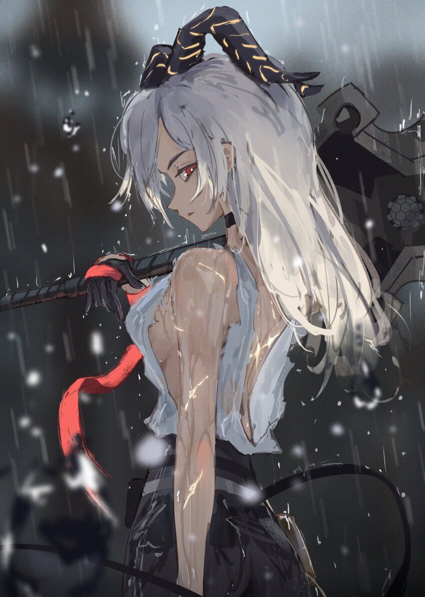 1girl absurdres bare_shoulders black_choker black_gloves black_horns black_pants black_tail breasts bright_pupils choker commentary curled_horns eien_001 english_commentary gloves greatsword highres holding holding_sword holding_weapon horns long_hair looking_at_viewer medium_breasts pants parted_lips rain red_eyes shirt shirt_tucked_in sideways_glance solo sword tacet_mark_(wuthering_waves) torn_clothes torn_shirt weapon white_hair white_pupils white_shirt wuthering_waves zani_(wuthering_waves)