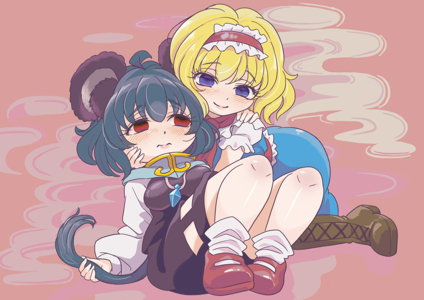 2girls alice_margatroid animal_ears ascot blonde_hair blue_dress blue_eyes blush boots breasts closed_mouth cloud commentary_request cookie_(touhou) crystal dress frilled_hairband frilled_sash frills full_body grey_hair grey_skirt grey_vest hairband hand_on_another&#039;s_cheek hand_on_another&#039;s_face hand_on_another&#039;s_shoulder highres holding_own_tail ichigo_(cookie) jewelry lace-up_boots long_sleeves looking_at_viewer mary_janes medium_breasts medium_hair mouse_ears mouse_girl mouse_tail multiple_girls nazrin necklace nyon_(cookie) pendant pink_background red_ascot red_eyes red_footwear red_hairband red_sash sash shirt shoes sitting skirt skirt_set smile socks tail touhou tsuzuchii vest white_shirt white_socks