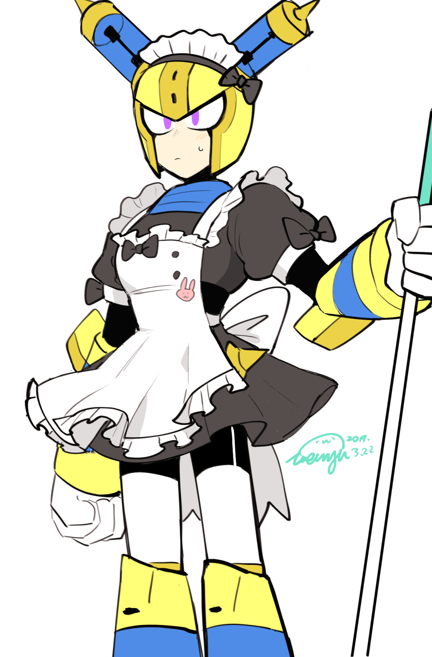1boy absurdres android animal_print apron armor back_bow black_bodysuit black_bow bodysuit bow breastplate broom commentary_request crossdressing crossdressing_(mtf) feet_out_of_frame fuse fuse_man garter_straps gloves helmet highres holding holding_broom joints legs_apart light_blush maid maid_apron maid_headdress male_focus male_maid mega_man_(classic) mega_man_(series) mega_man_11 purple_eyes rabbit_print robot robot_joints shoulder_armor simple_background solo solo_focus standing sweat sweatdrop trembling vambraces wenyu white_background yellow_armor yellow_headwear