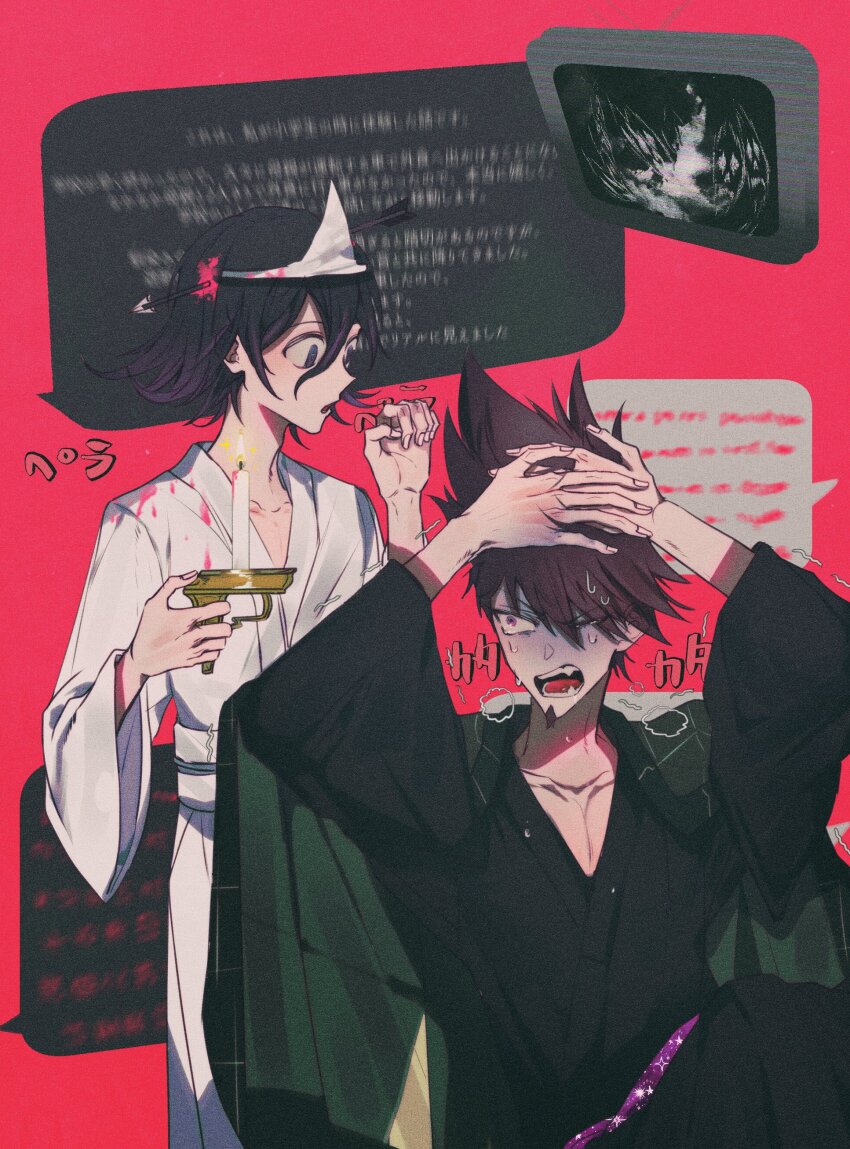 2boys absurdres black_hair blurry_text candle candlestand commentary danganronpa_(series) danganronpa_v3:_killing_harmony facial_hair flipped_hair ghost ghost_costume goatee hair_between_eyes halloween halloween_costume highres hoejang_huijang holding holding_candle japanese_clothes kimono long_sleeves male_focus momota_kaito multiple_boys nervous_sweating oma_kokichi open_mouth pink_background profile purple_eyes purple_facial_hair purple_hair scared short_hair spiked_hair sweat teeth translation_request triangular_headpiece white_kimono wide-eyed