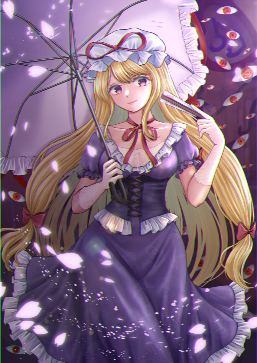 1girl blonde_hair bow breasts choker chromatic_aberration collarbone commentary_request corset dress falling_petals folded_fan folding_fan frilled_corset frilled_dress frilled_sleeves frills gap_(touhou) gloves hair_bow hand_fan hat hat_ribbon highres holding holding_fan holding_umbrella kyabekko lace lace_gloves light_smile long_hair mob_cap parasol petals puffy_short_sleeves puffy_sleeves purple_corset purple_dress red_bow red_eyes red_ribbon ribbon ribbon_choker short_sleeves solo standing touhou umbrella underbust very_long_hair white_gloves white_hat yakumo_yukari