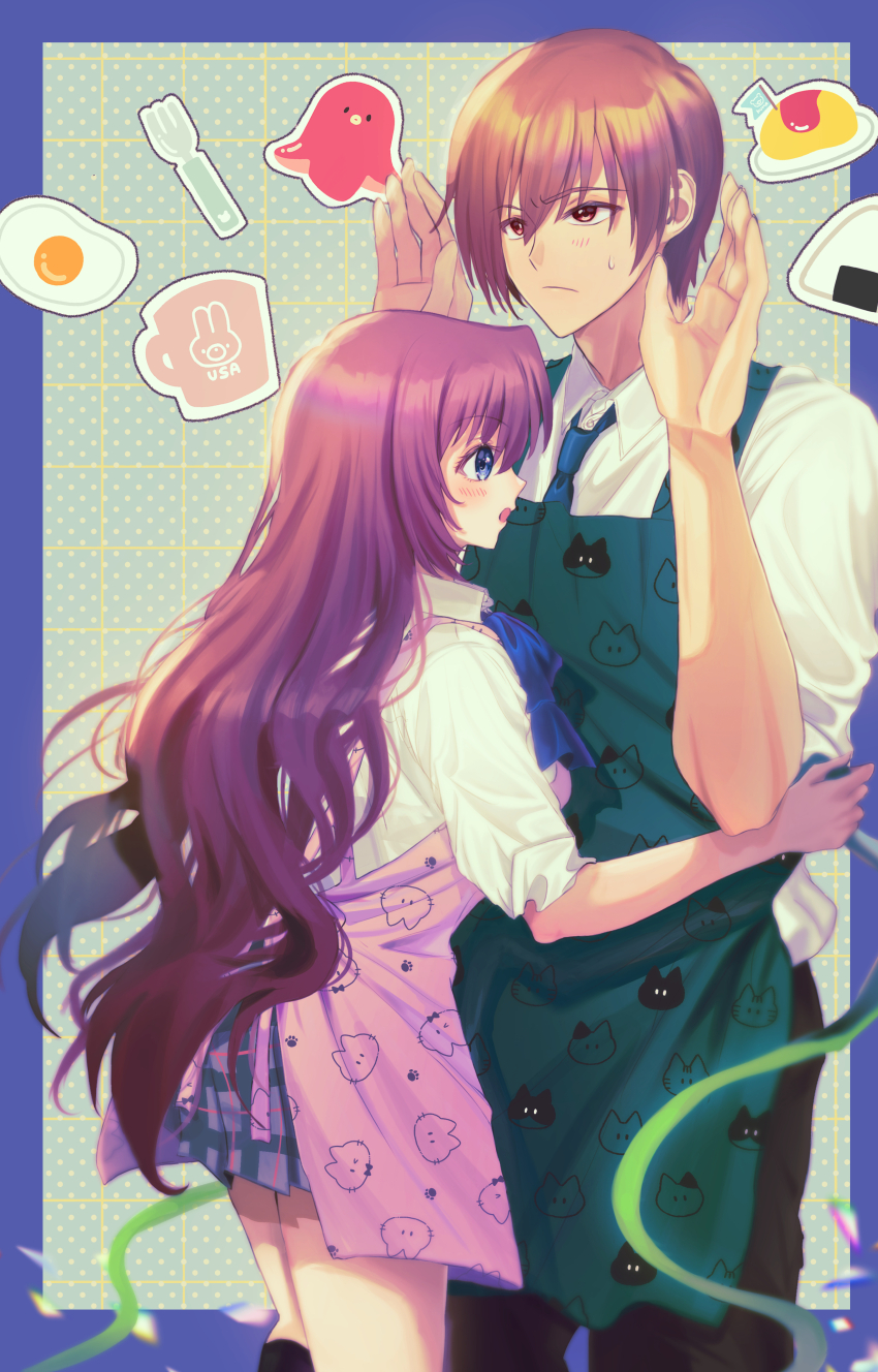 1boy 1girl :/ a-chan_(little_busters!) absurdres adapted_costume animal_print apron arm_around_waist blue_bow blue_eyes blue_necktie blush bow brown_hair cat_print closed_mouth collared_shirt commentary_request couple cowboy_shot cup dressing_another egg_(food) eyelashes food food_art fork from_side frown green_apron grey_skirt hair_between_eyes hands_up hetero highres hug little_busters! little_busters!_school_uniform long_hair long_sleeves looking_at_another looking_up miiizuno_lbs miniskirt mug natsume_kyousuke necktie omelet omurice onigiri open_mouth pink_apron plaid_clothes plaid_skirt print_apron profile purple_hair red_eyes school_uniform shirt short_hair shy skirt sleeves_rolled_up standing sweatdrop tako-san_wiener upturned_eyes very_long_hair wavy_hair white_shirt