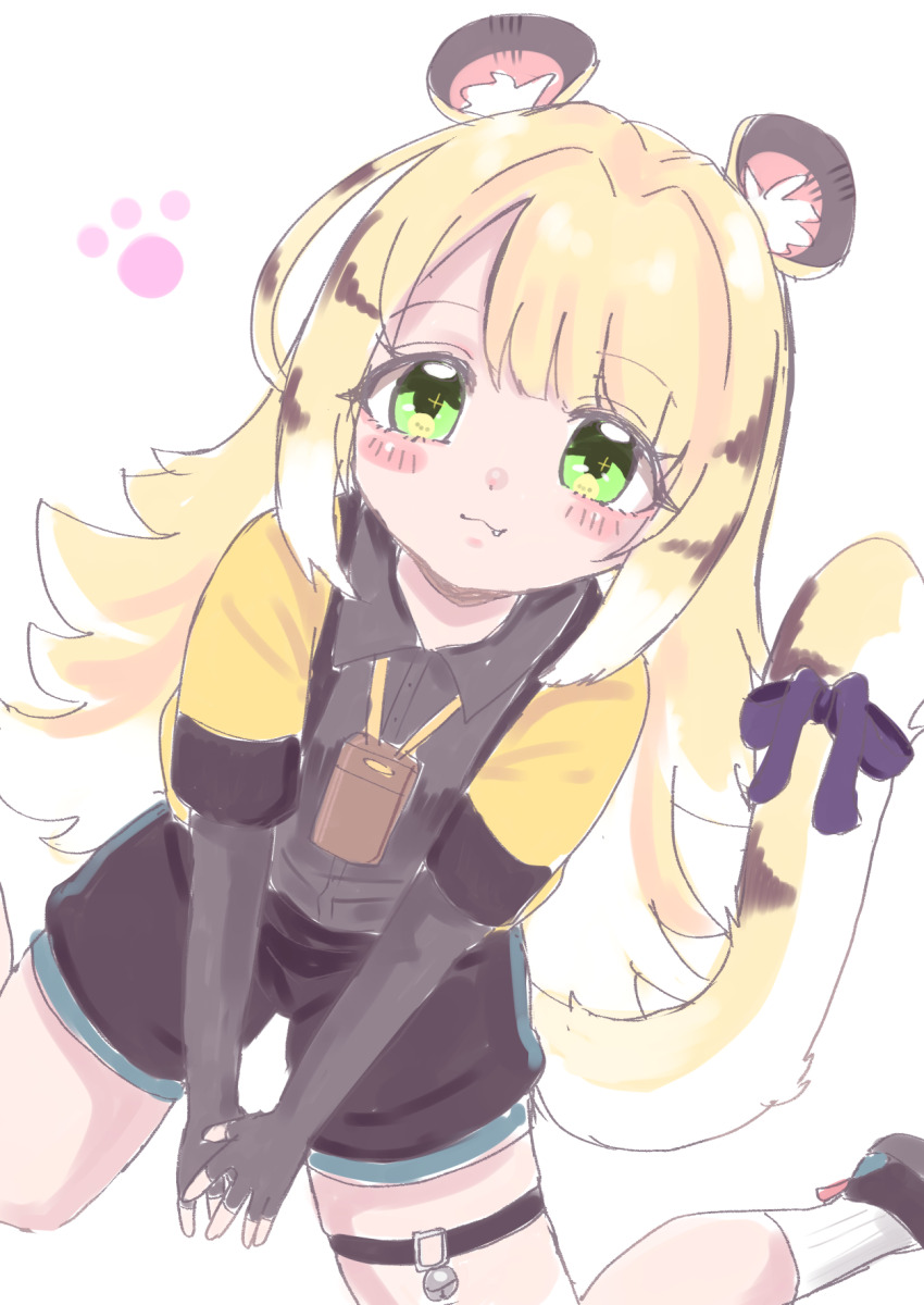 1girl animal_ear_fluff animal_ears blonde_hair blur_censor censored covered_groin green_eyes high-waist_shorts highres jacket ju_fufu long_hair looking_at_viewer mak100510 orange_fur purring shorts smile solo striped_fur striped_hair tail tail_ornament tiger_ears tiger_girl tiger_tail zenless_zone_zero