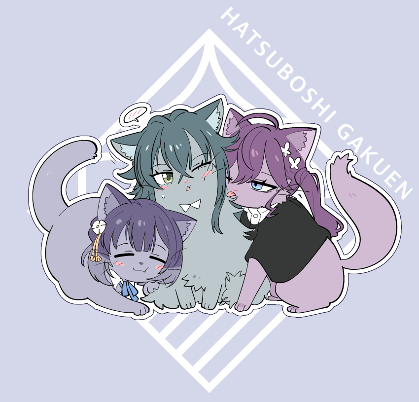 ahoge animal animal_ear_fluff animal_focus animalization bags_under_eyes black_jacket blue_eyes blush cat closed_eyes clothed_animal commentary_request flower gakuen_idolmaster green_eyes green_hair grey_background hair_flower hair_ornament hataya_misuzu highres idolmaster jacket kaya_rinha korean_commentary licking long_hair millcookie_pro no_humans one_eye_closed outline purple_hair short_hair simple_background syngup!_(idolmaster) tongue tongue_out tsukimura_temari twintails whiskers white_outline