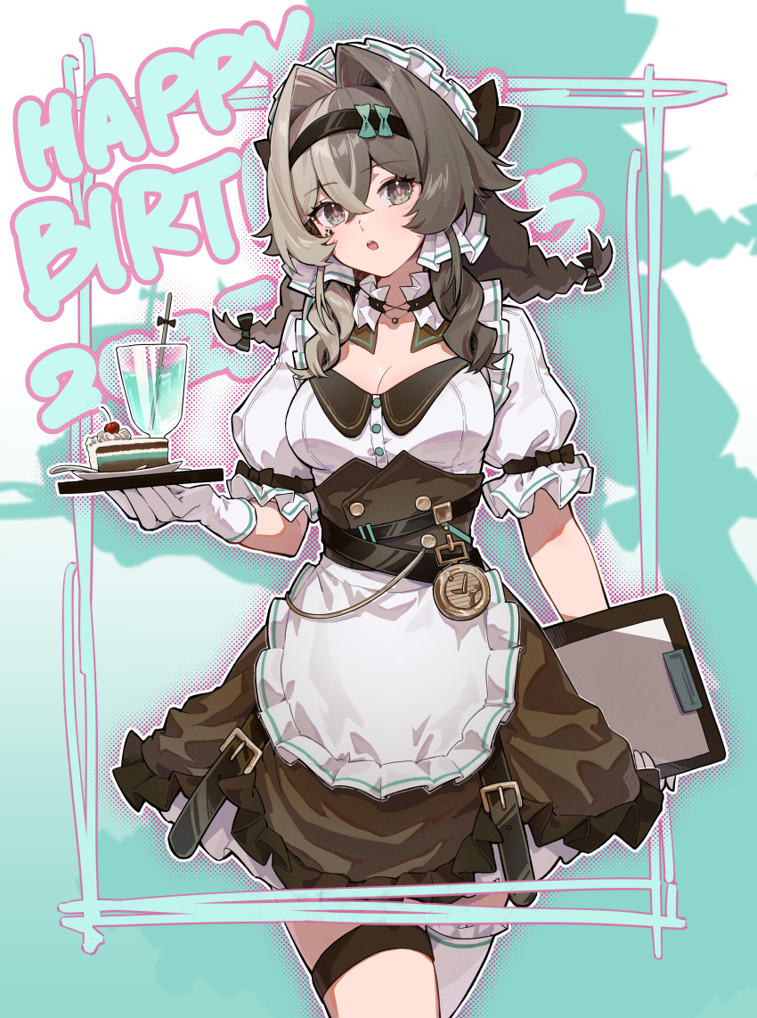 1girl 2025 :o absurdres alternate_costume apron black_hairband breasts brown_dress brown_hair cake cake_slice chinese_commentary commentary_request cowboy_shot dress drink enioreh food gloves grey_eyes hair_intakes hairband happy_birthday highres holding holding_notepad honkai_(series) honkai_impact_3rd large_breasts maid maid_apron maid_headdress medium_hair notepad solo thigh_strap thighs vill-v white_apron white_background white_gloves