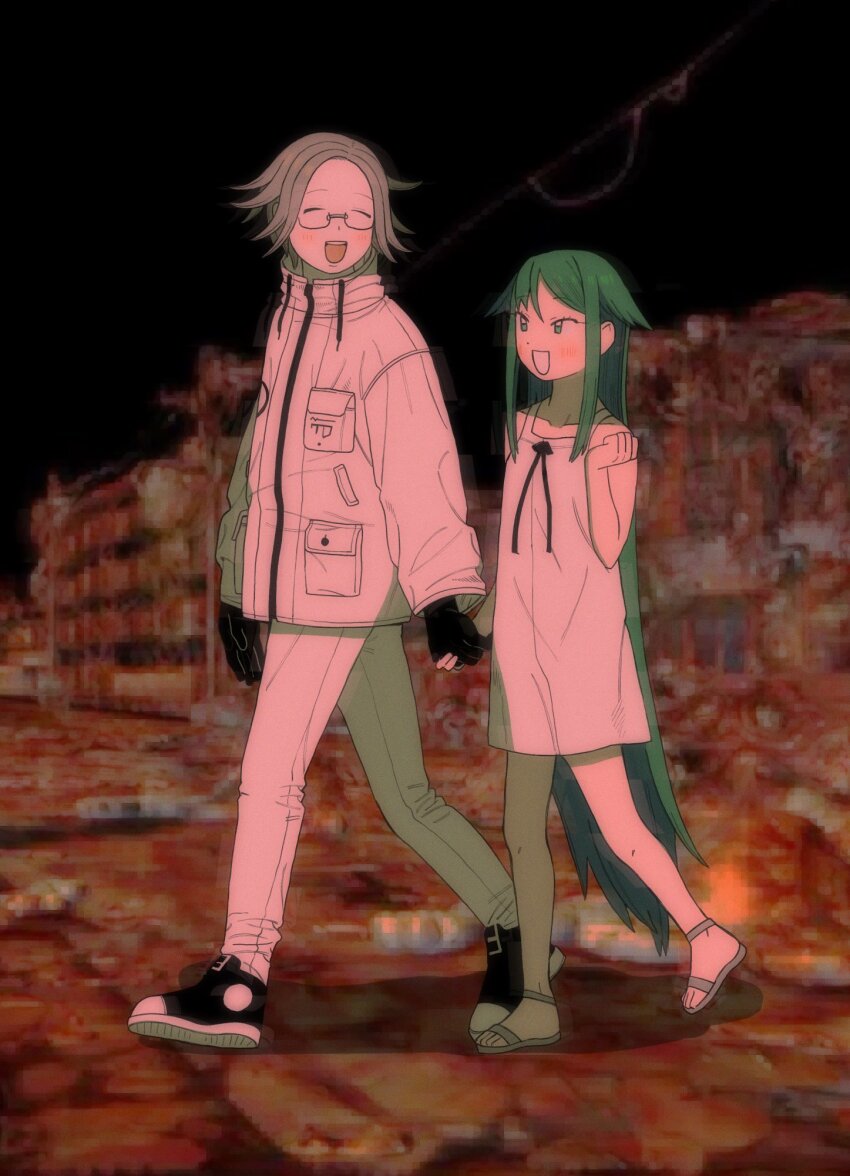 1boy 1girl aotsuki_eito barefoot black_gloves blush closed_eyes collarbone crossed_arms feet full_body gloves green_eyes green_hair hand_up height_difference highres holding_hands long_hair matching_hair/eyes open_mouth saya_(saya_no_uta) saya_no_uta standing the_hundred_line_-last_defense_academy- toes walking white_hair