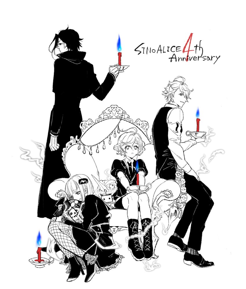 4boys ahoge aladdin_(sinoalice) bad_id bad_twitter_id birdcage blunt_bangs bob_cut boots cage candle candy chain chair english_text fishnet_pantyhose fishnets food formal_clothes glasses gloves goth_fashion gretel_(sinoalice) hair_ornament hairclip hameln_(sinoalice) high_heels highres holding holding_candle hug long_coat male_focus monochrome multiple_boys ogamiomi pantyhose pinocchio_(sinoalice) short_hair shorts sinoalice sitting smile spot_color trap vest