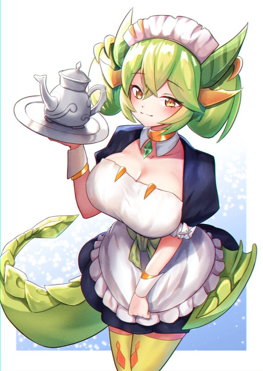 1girl apron blush breasts cleavage closed_mouth collarbone cup detached_collar dragon_girl dragon_horns dragon_tail dragon_wings duel_monster frilled_apron frilled_hairband frilled_sleeves frills green_hair green_thighhighs hair_between_eyes hairband highres holding holding_tray horns large_breasts looking_at_viewer maid maid_apron maid_headdress nanto5kutoken orange_eyes parlor_dragonmaid puffy_short_sleeves puffy_sleeves short_sleeves simple_background smile solo tail teacup thighhighs tray twintails white_apron white_background wings wrist_cuffs yu-gi-oh! zettai_ryouiki