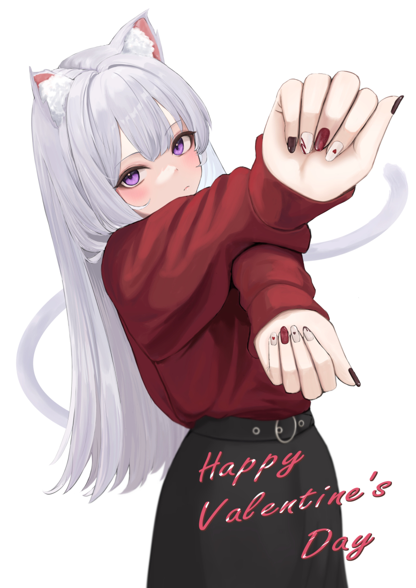 1girl animal_ears black_skirt cat_ears cat_girl cat_tail cowboy_shot daily_(daily178900) foreshortening happy_valentine highres long_hair long_sleeves looking_at_viewer multicolored_nails nail_art nail_polish original outstretched_arms purple_eyes red_shirt shirt shirt_tucked_in simple_background skirt solo tail white_background white_hair