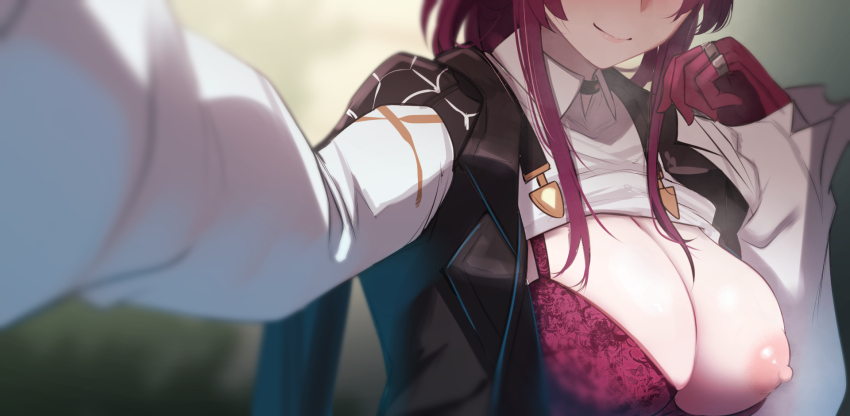 1girl akaoni_(zumt3548) black_jacket bra breasts chest_harness closed_mouth clothes_lift collared_shirt commentary_request gloves harness head_out_of_frame highres honkai:_star_rail honkai_(series) jacket jacket_on_shoulders jewelry kafka_(honkai:_star_rail) large_breasts long_hair long_sleeves multiple_rings nipples one_breast_out purple_bra purple_gloves purple_hair ring selfie shirt shirt_lift sidelocks smile solo spider_web_print standing underwear upper_body white_shirt