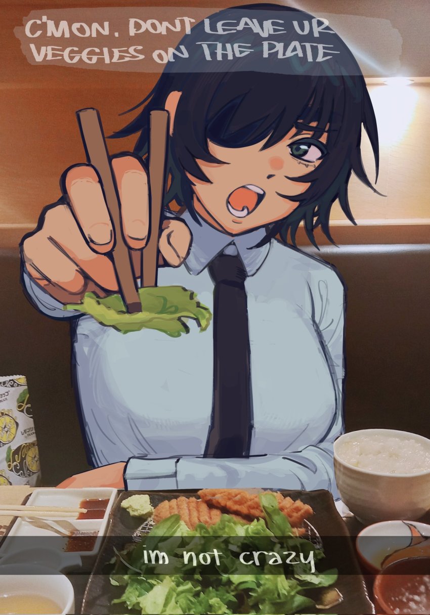 1girl black_hair black_necktie bowl breasts chainsaw_man chopsticks collared_shirt english_text eyepatch fake_phone_screenshot fake_screenshot feeding food green_eyes highres himeno_(chainsaw_man) incoming_food large_breasts liowig looking_at_viewer necktie open_mouth pov restaurant salad shirt short_hair snapchat solo vegetable white_shirt
