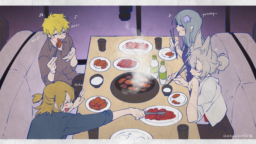 2boys 2girls ban_hada beef black_skirt blonde_hair blouse blue_hair blue_shirt blush border bottle bowl brown_pants brown_shirt chopsticks couch cup eating eyelashes closed_eyes flower fox_girl grey_hair grey_shirt griddle grill hair_bun hair_flower hair_ornament highres hikimayu kaohom503 korean_restaurant long_hair luca_kaneshiro mature_female medium_hair multiple_boys multiple_girls nijisanji nijisanji_en nijisanji_kr nina_kosaka pants plate purple_flower red_shirt restaurant shirt short_eyebrows short_hair short_sidetail single_hair_bun sitting skirt smile sonny_brisko sound_effects table twitter_username virtual_youtuber window