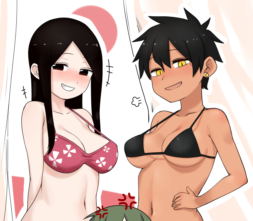 3girls :d anger_vein bikini black_hair blush breasts commentary_request dark-skinned_female dark_skin earrings green_hair hand_on_own_hip height_difference height_envy highres igarashi_futaba jewelry kurobe_natsumi long_hair looking_at_viewer medium_breasts multiple_girls navel note2000 open_mouth sakurai_touko senpai_ga_uzai_kouhai_no_hanashi short_hair smile swimsuit yellow_eyes