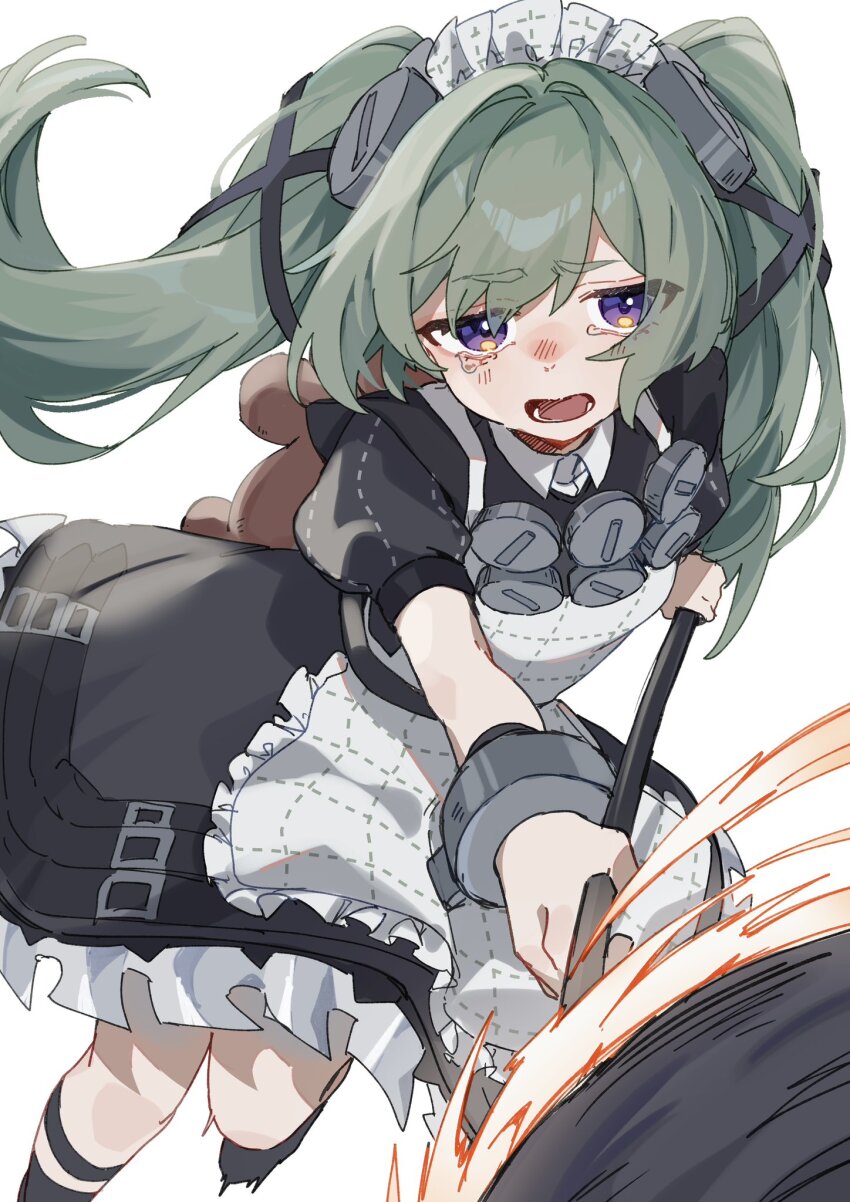 1girl animal_bag apron bear_bag black_dress black_shoes chawarabi circular_saw commentary_request corin_wickes cuffs dress foot_out_of_frame frilled_apron frills green_hair hair_between_eyes highres holding holding_weapon long_hair looking_at_viewer maid maid_apron maid_headdress open_mouth puffy_short_sleeves puffy_sleeves purple_eyes saw screw_hair_ornament shoes short_sleeves simple_background solo tearing_up twintails weapon white_apron white_background zenless_zone_zero