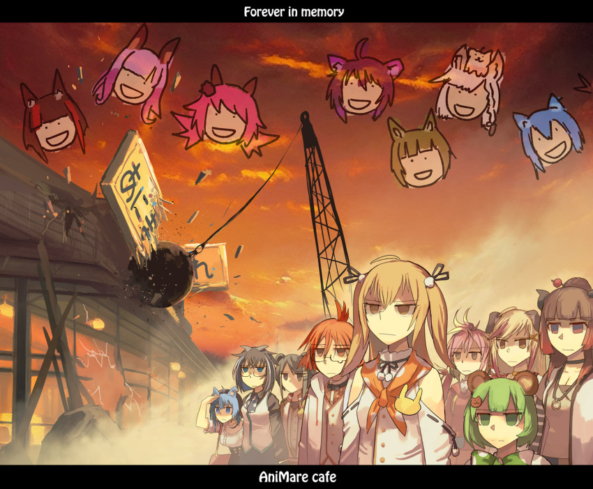 6+girls :d ahoge animal_ears animare bear_ears bear_girl black_hair black_shirt blonde_hair blue_hair blunt_bangs broken_window brown_eyes brown_hair cafe closed_mouth dog_ears dog_girl empty_eyes floppy_ears glasses green_eyes green_hair gregorius_yamada grey_hair haibara_akane hashiba_natsumi_(animare) highres hinokuma_ran hira_hikari inaba_haneru_(animare) inari_kuromu kazami_kuku konan_mia kuroneko_nanashi long_hair medium_hair multicolored_hair multiple_girls nanashi_inc. open_mouth orange_hair orange_sky oura_rukako oura_rukako_(1st_costume) pink_hair rabbit_ears rabbit_girl red_hair ruins seshima_rui shiromiya_mimi shirt short_hair sidelocks sky smile souya_ichika souya_ichika_(5th_costume) streaked_hair tsukinoki_tirol umori_hinako unamused upper_body vest virtual_youtuber white_hair white_shirt white_vest window wrecking_ball yunohara_izumi