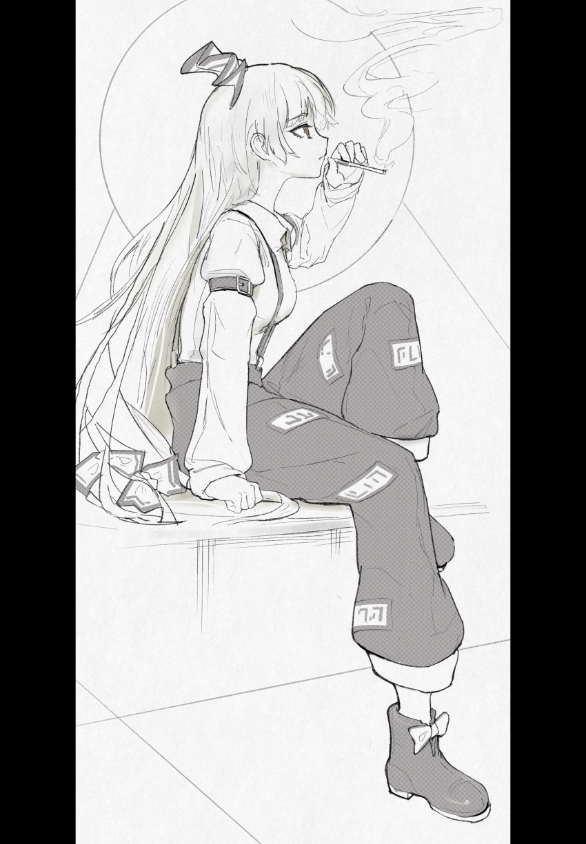 1girl absurdres arm_belt boots bow breasts cigarette collared_shirt commentary english_commentary footwear_bow fujiwara_no_mokou greyscale hair_bow highres holding holding_cigarette long_hair long_sleeves monochrome ofuda ofuda_on_clothes pants pillarboxed shirt sitting smoke smoking solo spp5566 suspenders touhou very_long_hair