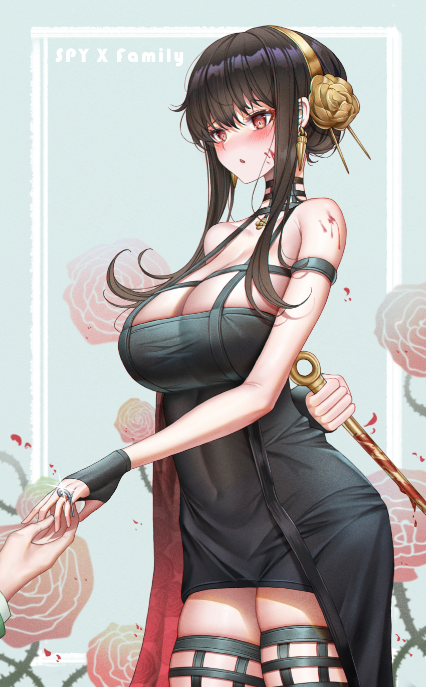 1boy 1girl absurdres bare_shoulders black_dress black_gloves black_hair black_thighhighs blood blood_on_arm blood_on_face bloody_weapon blush breasts copyright_name covered_navel dress earrings engagement_ring fingerless_gloves floral_background flower glint gloves gold_earrings gold_hairband grenade_pin hair_flower hair_ornament hairband highres holding_hands jewelry large_breasts long_hair looking_at_another out_of_frame parted_lips raised_eyebrows red_flower red_rose ring rose rose_background sidelocks skindentation solo spikes spy_x_family taut_clothes taut_dress thighhighs thorns twilight_(spy_x_family) two-sided_dress two-sided_fabric weapon yf_(hbyg) yor_briar zettai_ryouiki