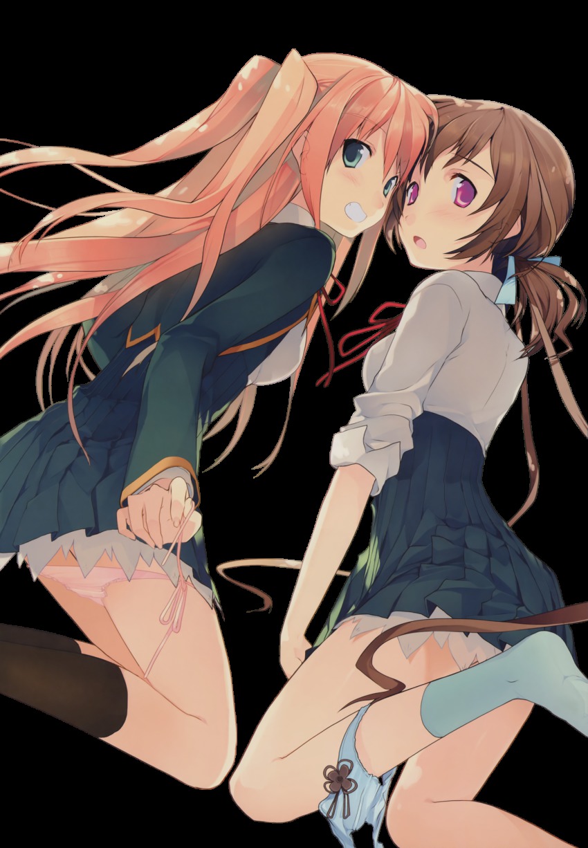 10s 2girls akinashi_yuu aomi_isara black_socks blue_panties bow bow_panties brown_hair feet green_eyes grin hair_ribbon highres kneehighs kneeling koi_to_senkyo_to_chocolate looking_back multiple_girls no_shoes open_mouth orange_hair panties panties_around_leg panty_pull pink_panties pleated_skirt purple_eyes ribbon school_uniform side-tie_panties simple_background skirt sleeves_pushed_up smile socks sumiyoshi_chisato teeth transparent_background twintails underwear untying