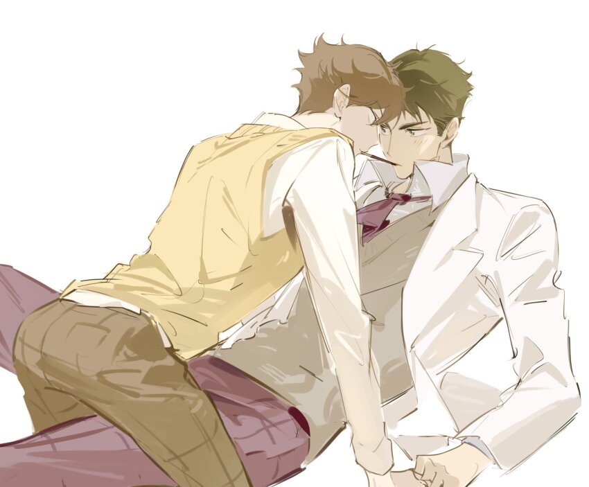 2boys arm_support blush brown_eyes brown_hair brown_pants commentary english_commentary fandangyu feet_out_of_frame food food_in_mouth haikyuu!! highres jacket lapels leaning leaning_back long_sleeves male_focus multiple_boys necktie notched_lapels oikawa_tooru_(haikyuu!!) pants pocky pocky_in_mouth pocky_kiss purple_necktie purple_pants school_uniform shared_food shirt short_sideburns simple_background sweater_vest ushijima_wakatoshi white_background white_jacket white_shirt yaoi yellow_sweater_vest