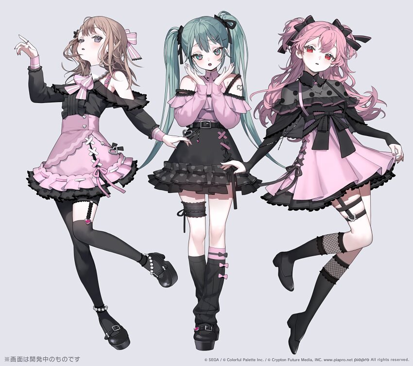 3girls :o aqua_eyes aqua_hair arm_at_side asymmetrical_legwear bare_shoulders belt black_belt black_bow black_nails black_ribbon black_shirt black_shoes black_skirt black_socks black_thighhighs bow bow_legwear brown_hair buttons center_frills clothing_cutout collared_shirt copyright_notice cross-laced_clothes cross-laced_skirt crossed_ankles double-parted_bangs fishnet_socks fishnets frilled_shirt frilled_socks frills full_body garter_straps grey_background grey_eyes hair_between_eyes hair_bow hair_ribbon hanasato_minori hands_up hatsune_miku heart heart_tattoo high-waist_skirt highres jewelry jirai_kei karo_(karohroka) kneehighs knees_together_feet_apart long_hair long_sleeves looking_at_viewer loose_socks mary_janes mismatched_legwear momoi_airi multiple_girls nail_polish necklace open_mouth over-kneehighs pale_skin parted_lips petticoat pink_bow pink_hair pink_nails pink_shirt pink_skirt pink_trim polka_dot polka_dot_shirt project_sekai puffy_long_sleeves puffy_sleeves red_eyes ribbed_socks ribbon shirt shirt_tucked_in shoes shoulder_cutout shoulder_tattoo side-by-side simple_background single_garter_strap skindentation skirt skirt_hold sleeves_past_wrists socks standing standing_on_one_leg tattoo thigh_strap thighhighs twintails two_side_up very_long_hair vocaloid watermark web_address