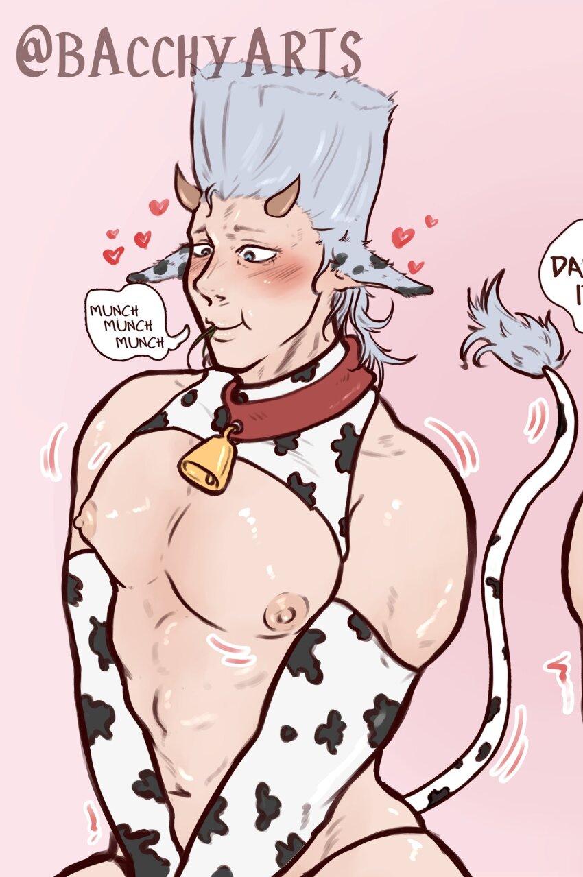 1boy abs animal_ears animal_print bacchyarts blush cow_ears cow_horns cow_print cow_print_bikini cow_tail cowbell elbow_gloves gloves grey_hair heart highres horns jean_pierre_polnareff jojo_no_kimyou_na_bouken male_focus muscular muscular_male navel nipples pectorals print_bikini solo stardust_crusaders tail thighs