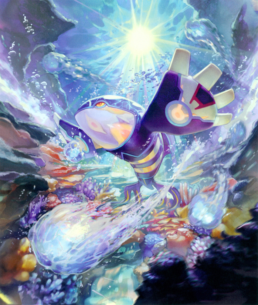 air_bubble animal_focus bubble closed_mouth colored_sclera coral coral_reef full_body gen_3_pokemon highres kyogre legendary_pokemon murayama_ryota nintendo no_humans ocean official_art orange_eyes pokemon pokemon_(creature) pokemon_focus pokemon_tcg primal_kyogre solo sunlight third-party_source underwater water yellow_sclera