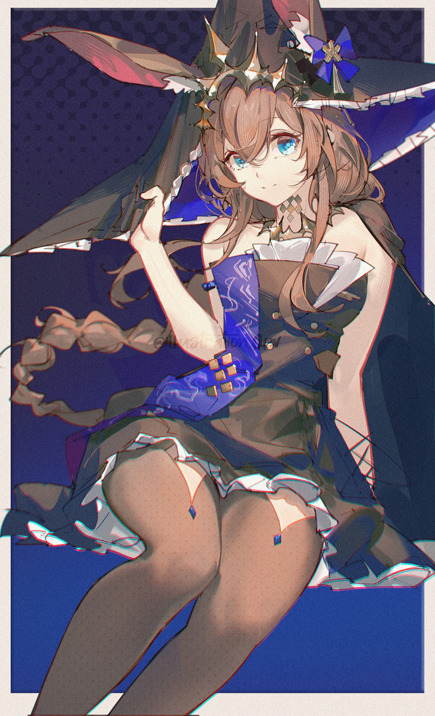 1girl ambience_synesthesia amiya_(arknights) amiya_(medic)_(arknights) amiya_(medic)_(solo_around_the_world)_(arknights) animal_ears arknights bare_shoulders black_dress black_hat blue_eyes braid brown_hair cape clothing_cutout dress ears_through_headwear frilled_hat frills hat highres long_hair looking_at_viewer official_alternate_costume openvl pantyhose rabbit_ears rabbit_girl solo strapless strapless_dress thigh_cutout two-sided_fabric two-sided_headwear witch_hat