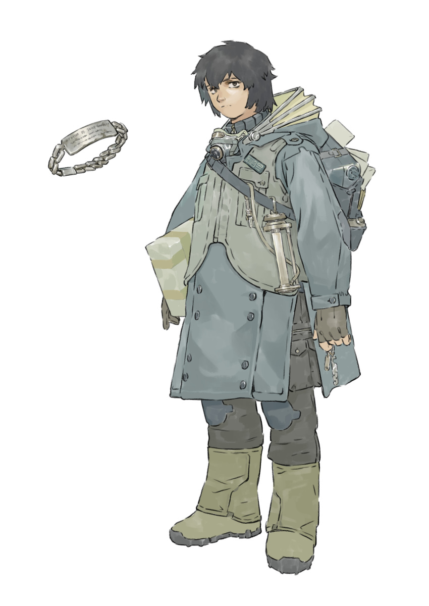 1boy absurdres backpack bag black_gloves black_hair boots chenrong96 closed_mouth fingerless_gloves gloves green_boots highres holding knee_pads looking_at_viewer male_focus mask original respirator short_hair simple_background solo standing unworn_mask vest white_background