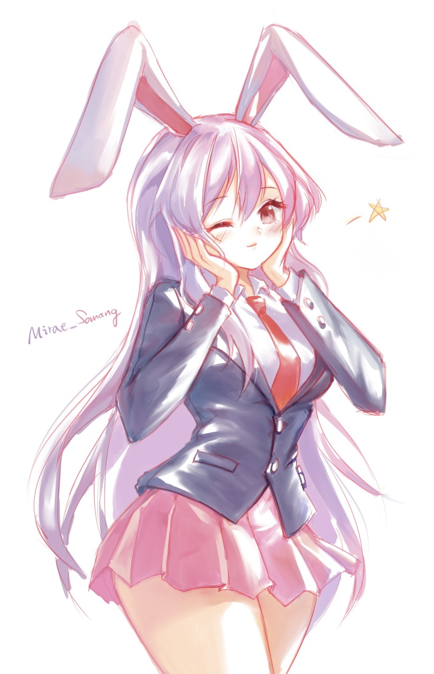 1girl animal_ears artist_request bilingual_commentary black_jacket blush breasts closed_mouth collared_shirt commentary commission commissioner_name cowboy_shot english_commentary eyelashes hands_up head_on_hands highres jacket korean_commentary light_smile long_sleeves looking_at_viewer medium_breasts miniskirt mixed-language_commentary necktie one_eye_closed pink_hair pleated_skirt purple_hair rabbit_ears rabbit_girl red_eyes red_necktie reisen_udongein_inaba shirt simple_background skirt solo standing star_(symbol) thighs touhou white_background white_shirt