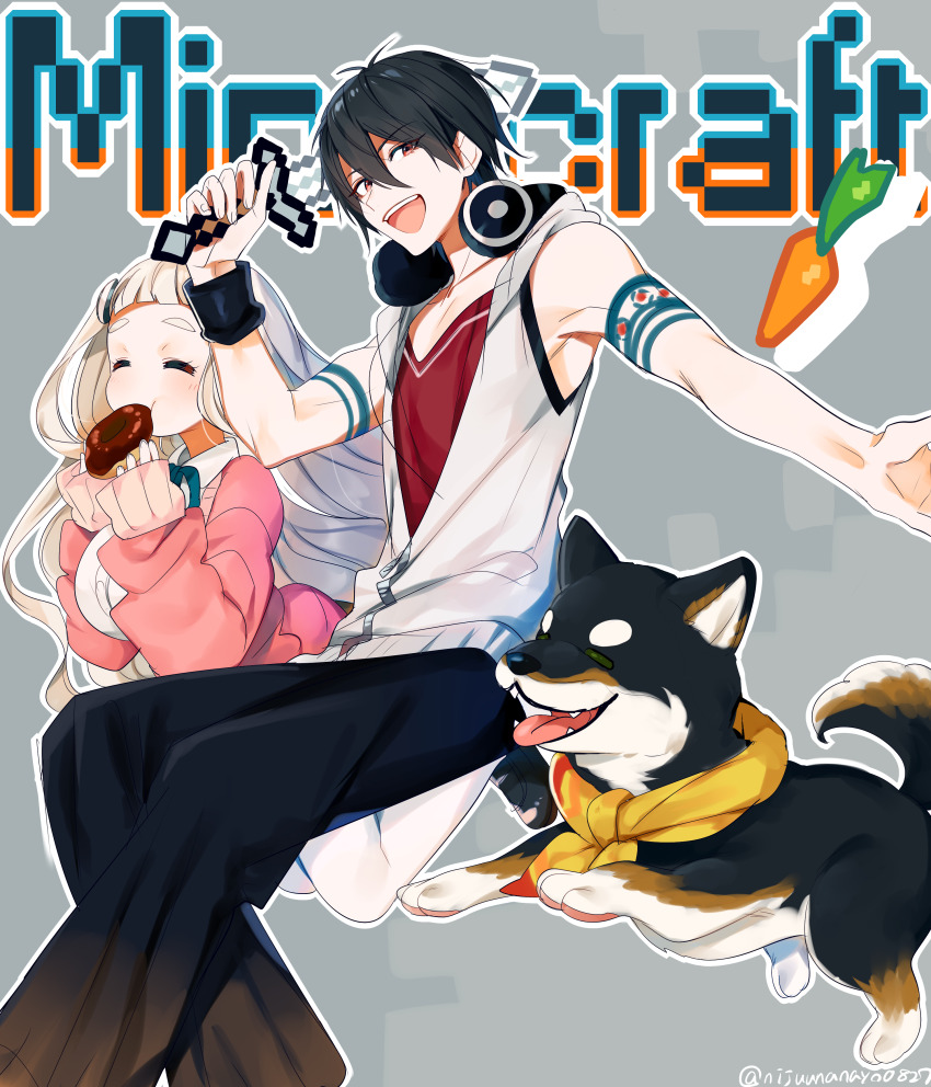 1boy 1girl :d absurdres animal black_footwear black_hair black_pants blue_bow bow breasts cardigan closed_eyes collarbone collared_shirt copyright_name dog donut dress_shirt feet_out_of_frame food grey_background grey_hair hair_between_eyes hand_up headphones headphones_around_neck highres holding holding_food holding_sword holding_weapon jacket kuroi_shiba loafers long_hair machita_chima medium_breasts minecraft nijisanji ninahachi open_clothes open_jacket open_mouth pants pantyhose pink_cardigan red_eyes red_shirt shirt shoes sleeveless sleeveless_jacket smile sword twitter_username very_long_hair virtual_youtuber weapon white_jacket white_pantyhose white_shirt yumeoi_kakeru yumeoi_kakeru_(1st_costume)