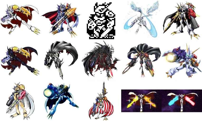 armor beta_digimon cannon cape claws digimon digimon_(creature) digimon_adventure:_(2020) digimon_crusader digimon_rearise digimon_xros_wars highres horns medarot medarot_(robot) omegaknight omegamon omegamon_(battle_park) omegamon_alter-b omegamon_alter-s omegamon_merciful_mode omegamon_x-antibody omegamon_x-antibody_blast_mode omegamon_zwart omegamon_zwart_defeat simple_background sword vr-omega weapon white_background