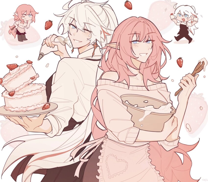 2girls ;) apron black_apron blue_eyes bowl cake chibi commentary elf elysia_(honkai_impact) food fruit grey_sweater highres holding holding_bowl holding_ladle holding_pastry_bag honkai_(series) honkai_impact_3rd kiana_kaslana ladle long_hair mixing_bowl multiple_girls one_eye_closed pastry_bag pink_hair pointy_ears ponytail riejiu shirt simple_background smile strawberry strawberry_cake sweater symbol-only_commentary white_apron white_background white_shirt