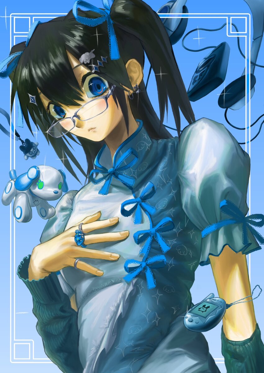 1girl black_hair blue_eyes blue_ribbon detached_sleeves earrings glasses gradient_background hair_between_eyes hair_ornament hair_ribbon headphones highres jewelry llchimera multiple_rings original puffy_short_sleeves puffy_sleeves ribbon ring short_sleeves solo tamagotchi tamagotchi_(virtual_pet) tamagotchi_plus twintails virtual_pet_(toy)
