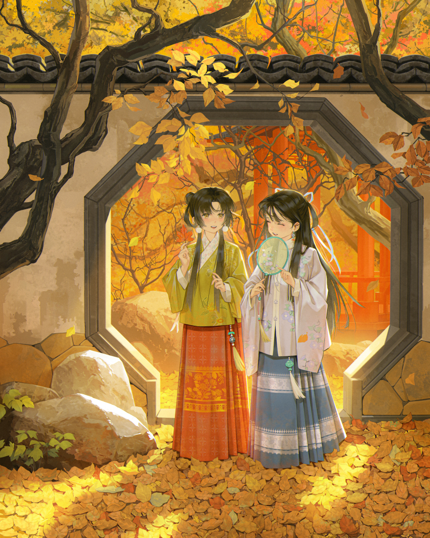 2girls ^_^ absurdres architecture autumn autumn_leaves black_hair branch brown_eyes chinese_clothes closed_eyes commentary_request curtained_hair day earrings east_asian_architecture hair_ribbon hand_fan highres holding holding_fan jewelry leaf long_hair multiple_girls orange_skirt original outdoors parted_lips ribbon sa_si_qierde shadow skirt tassel teeth tree tuanshan two-tone_skirt upper_teeth_only very_long_hair