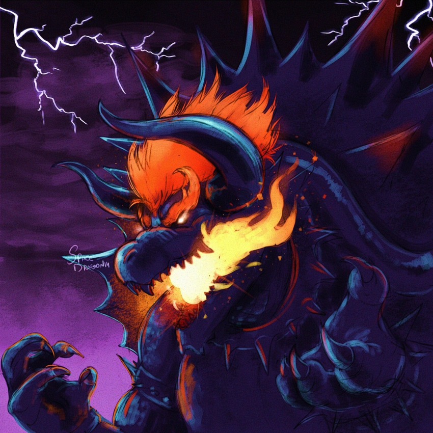 armlet bowser bracelet breath_weapon breathing_fire claws cloud collar electricity embers energy fire flaming_eyes fury_bowser giant giant_monster glowing glowing_eyes glowing_mouth highres horns jewelry kaiju mario_(series) monster multicolored_eyes multicolored_hair muscular muscular_arms muscular_male nintendo no_humans no_pupils open_mouth orange_hair purple_sky red_hair sharp_teeth sky spacedragon14 spiked_armlet spiked_bracelet spiked_collar spikes storm super_mario_3d_world super_mario_3d_world_+_bowser&#039;s_fury teeth turtle two-tone_eyes two-tone_hair white_eyes yellow_eyes