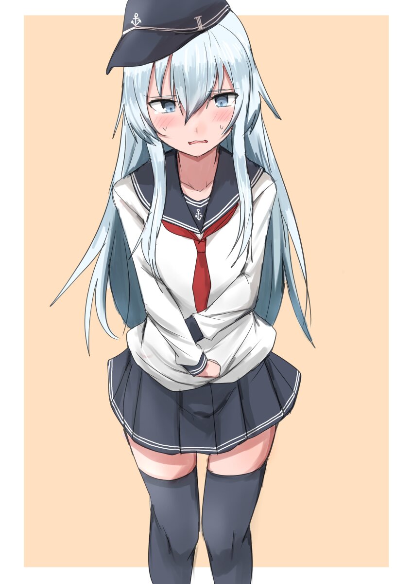 1girl absurdres anchor_symbol black_thighhighs blue_eyes collarbone flat_cap hat hibiki_(kancolle) highres kamaboko_senshi kantai_collection long_hair long_sleeves pain pleated_skirt sailor_collar school_uniform serafuku skirt solo thighhighs white_hair