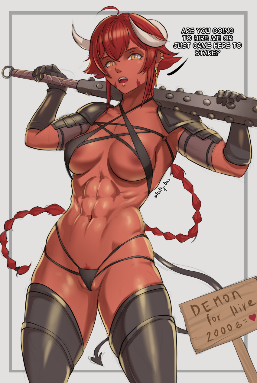 1girl abs absurdres ahoge areola_slip armor black_gloves black_thighhighs braid braided_ponytail breasts club_(weapon) colored_skin demon_girl demon_horns demon_tail earrings english_text fluffydus gloves grey_background highres horns jewelry long_hair looking_at_viewer medium_breasts muscular muscular_female navel open_mouth original over_shoulder pubic_hair red_hair red_skin revealing_clothes shoulder_armor sign solo standing tail teeth thighhighs upper_teeth_only very_long_hair weapon weapon_over_shoulder yellow_eyes