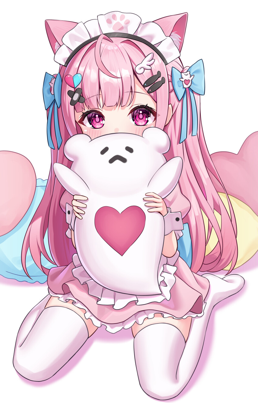 1girl absurdres ahoge animal_ears bandaid bandaid_hair_ornament blue_bow blush bow braid cat_ears cat_girl commentary covered_mouth crossed_bandaids dress extra_ears fish_hair_ornament ghost_hair_ornament hair_bow hair_ornament hairclip hashtag-only_commentary heart heart_hair_ornament highres indie_virtual_youtuber kag_tsukimi long_hair looking_at_viewer maid maid_headdress paw_print pink_dress pink_eyes pink_hair short_sleeves simple_background solo stuffed_ghost stuffed_toy thighhighs thighs virtual_youtuber white_background white_thighhighs white_wrist_cuffs wing_hair_ornament wrist_cuffs yuuki_sakuna