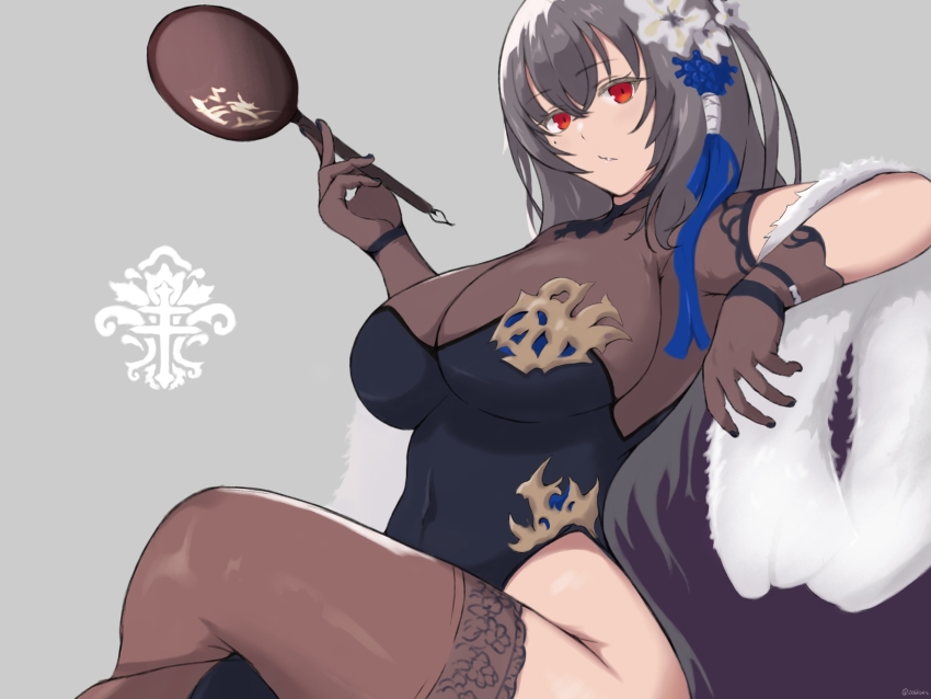 1006kbps 1girl absurdres alternate_breast_size azur_lane black_dress breasts brown_dress brown_thighhighs china_dress chinese_clothes cleavage crossed_legs dress feather_boa flower from_side grey_background grey_hair hair_flower hair_ornament hand_fan highres holding holding_fan iris_libre_(emblem) lace lace-trimmed_legwear lace_trim large_breasts long_hair looking_at_viewer looking_to_the_side mole mole_under_eye official_alternate_costume pelvic_curtain red_eyes saint-louis_(alluring_administrator)_(azur_lane) saint-louis_(azur_lane) see-through_clothes see-through_cleavage see-through_dress see-through_legwear sheer_gloves side_slit simple_background sitting solo thighhighs two-tone_dress white_flower